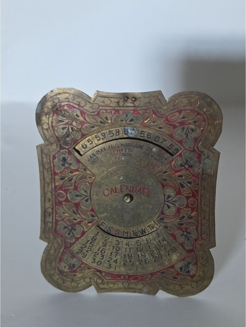 Brass Perpetual Calendar 1944–1971 With Enamel Floral Design